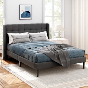 sismplly queen size bed frame with button tufted wingback headboard, modern upholstered platform bed, strong wooden slats, no box spring needed, noise-free, easy assembly, dark grey