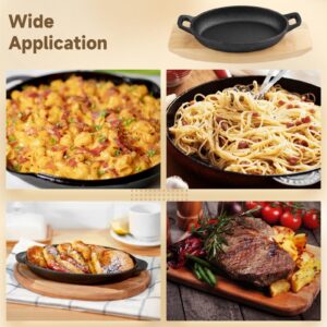 Cast Iron Skillet with Wooden Base, 2 Sets Mini Cast Iron Fajita Plate with Base, Anti-Scald Wooden Base Cast Iron Baker, Matte Black Small Cast Iron Pan for Dinner, BBQs, Kitchens, Restaurants