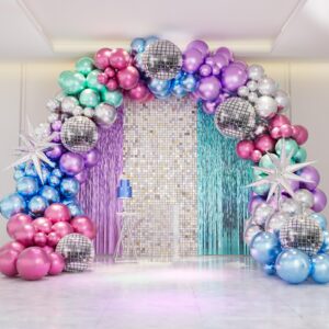 wozozow 161pcs metallic neon balloons arch kit, disco ball balloons, metallic purple blue magenta hot pink silver green chrome disco balloons arch for birthday 70s 80s 90s theme disco party