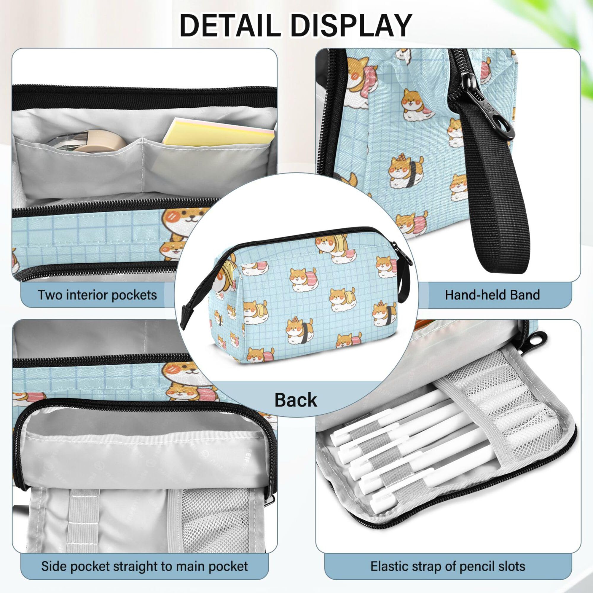 Glaphy Shiba Inu Dogs and Sushi Pencil Case Large Capacity Pencil Pouch Bag Zipper Storage Stationery Bag for School Office College