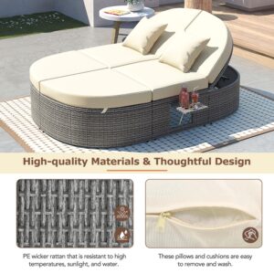 BAMOOLI Patio Daybed, Outdoor Sun Bed with Adjustable Backrests and Foldable Cup Trays, Reclining Outdoor Lounger Wicker Rattan Patio Daybed with Cushions and Pillows, Round Daybed for Garden, Beige