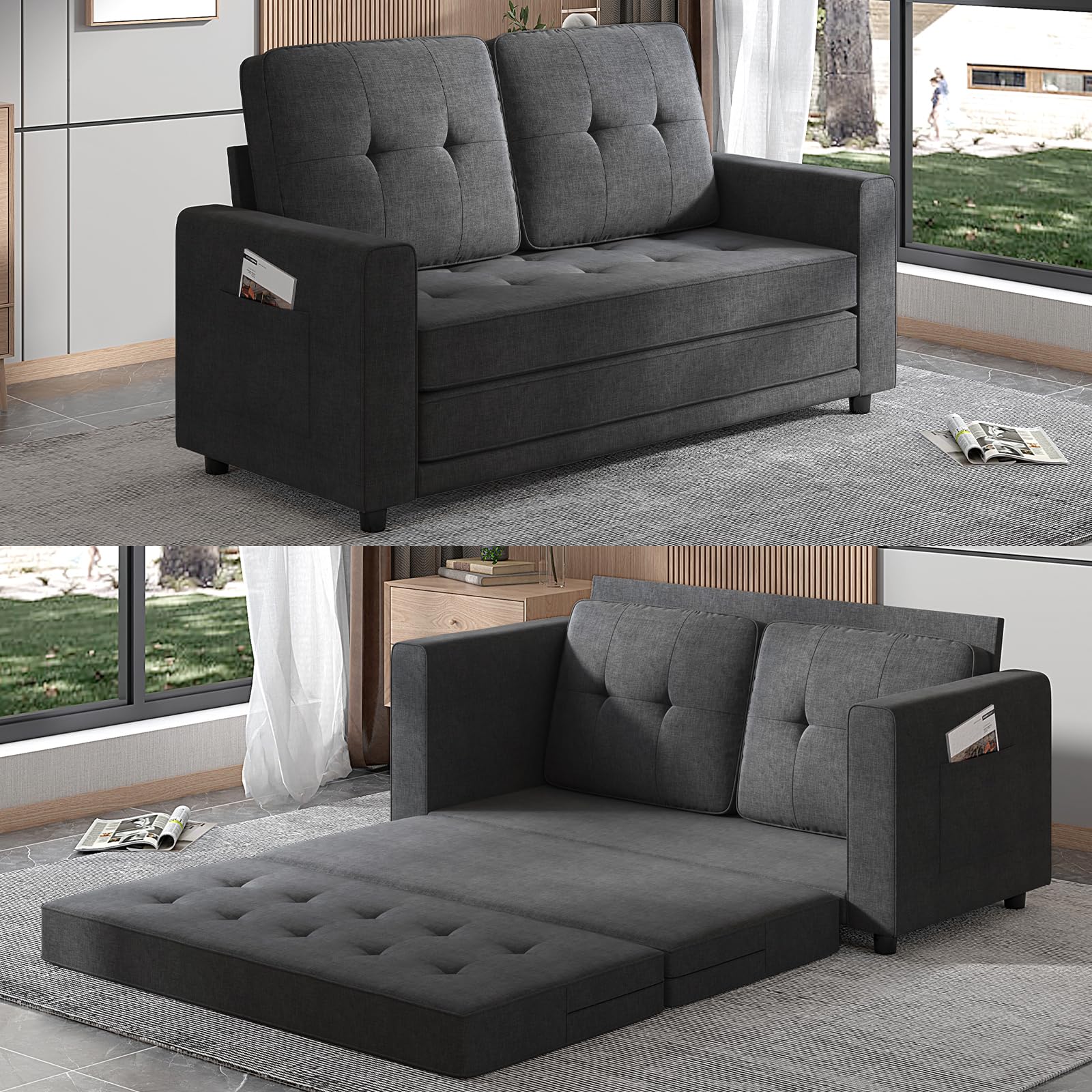 Mjkone Pull Out Sofa Bed, 3-in-1 Loveseat with 2 Pockets, 84" Tri-Fold Multi-Function Sleeper Sofa Bed, Futon Sofa Bed, Convertible Fold Out Sofa Couch for Living Room/Apartment/Office - Dark Gray