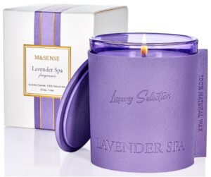 m&sense lavender spa soy candles for home scented, stress relief aromatherapy candles for meditation spa yoga, leather wrapped luxury candle gifts for women,40 hours long lasting, 7.4oz