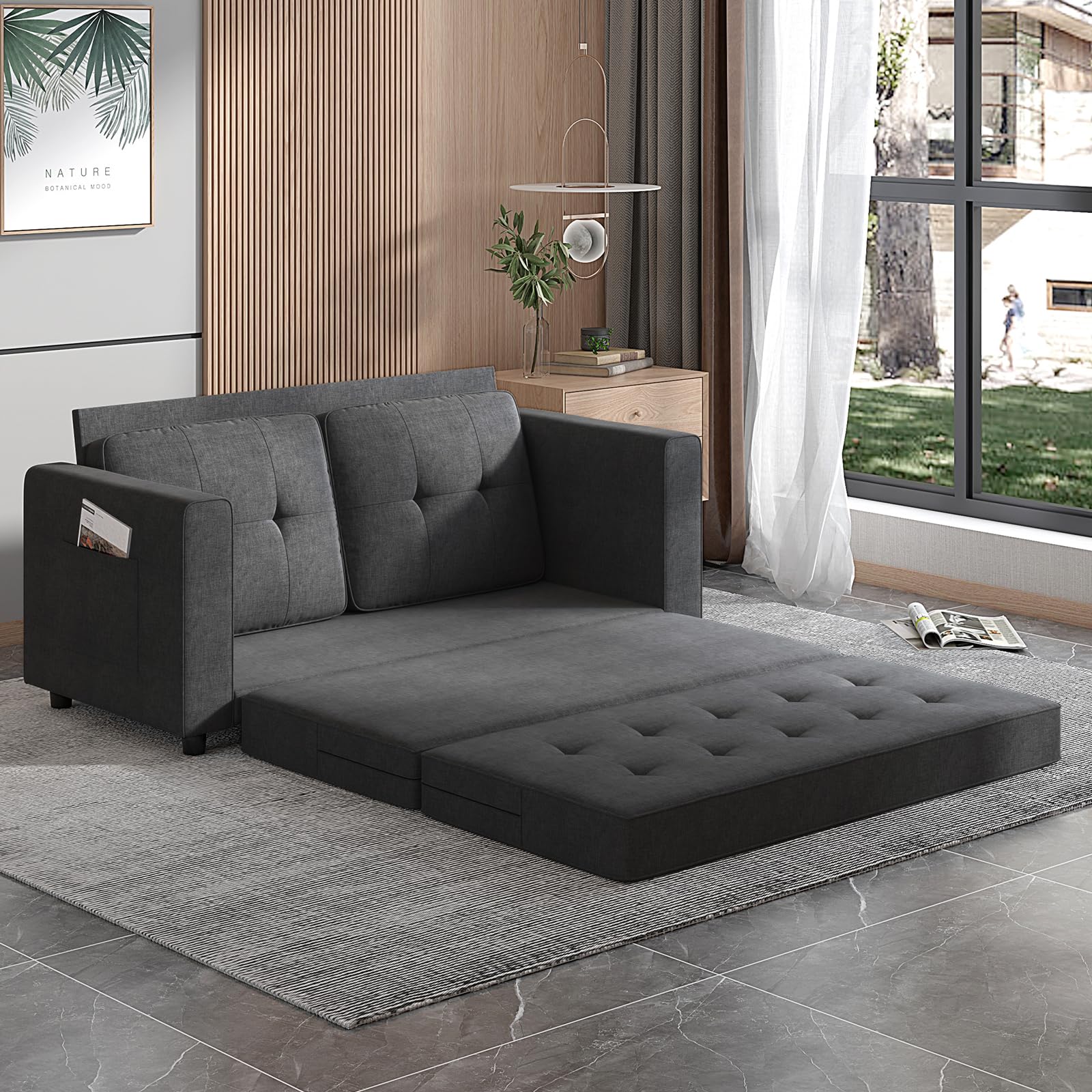 Mjkone Pull Out Sofa Bed, 3-in-1 Loveseat with 2 Pockets, 84" Tri-Fold Multi-Function Sleeper Sofa Bed, Futon Sofa Bed, Convertible Fold Out Sofa Couch for Living Room/Apartment/Office - Dark Gray