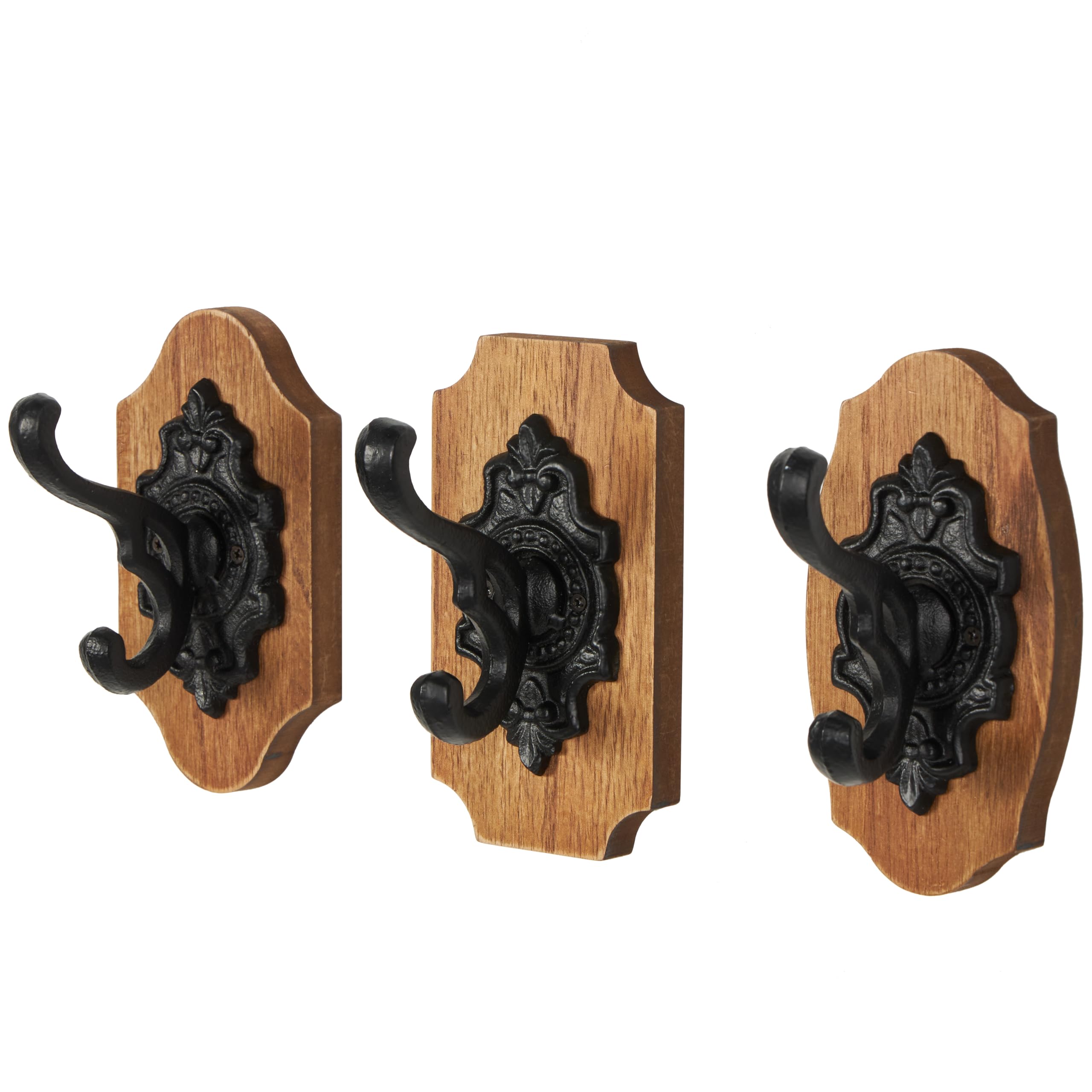 Deco 79 Wooden Fleur De Lis Vintage Inspired Wall Hook with Black Metal Hooks and Curved Edges, Set of 3 4" W, 6" H, Brown