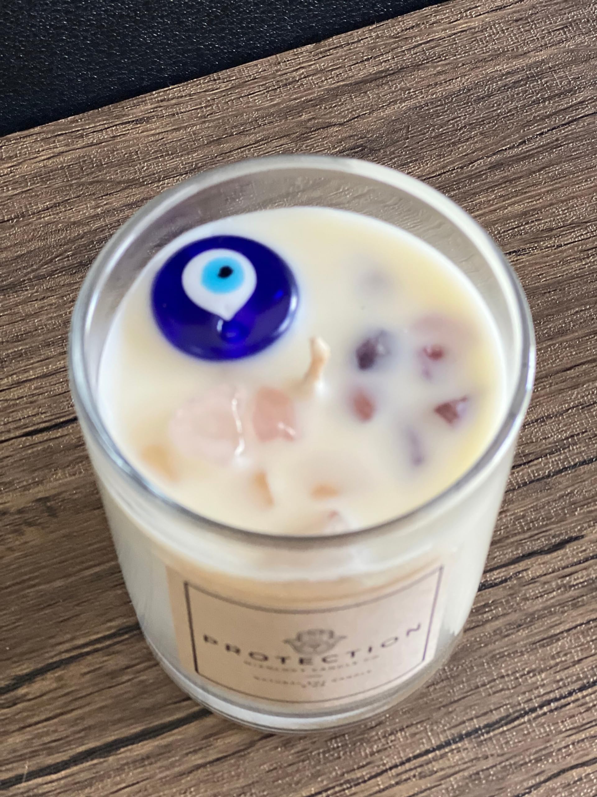 Evil Eye Protection Candle, Pink Quartz, Amethyst Infused, Lavender and Chamomile Scent, 10 oz Glass Jar with Hamsa Hand Positive Energy Beeswax and Soy Wax