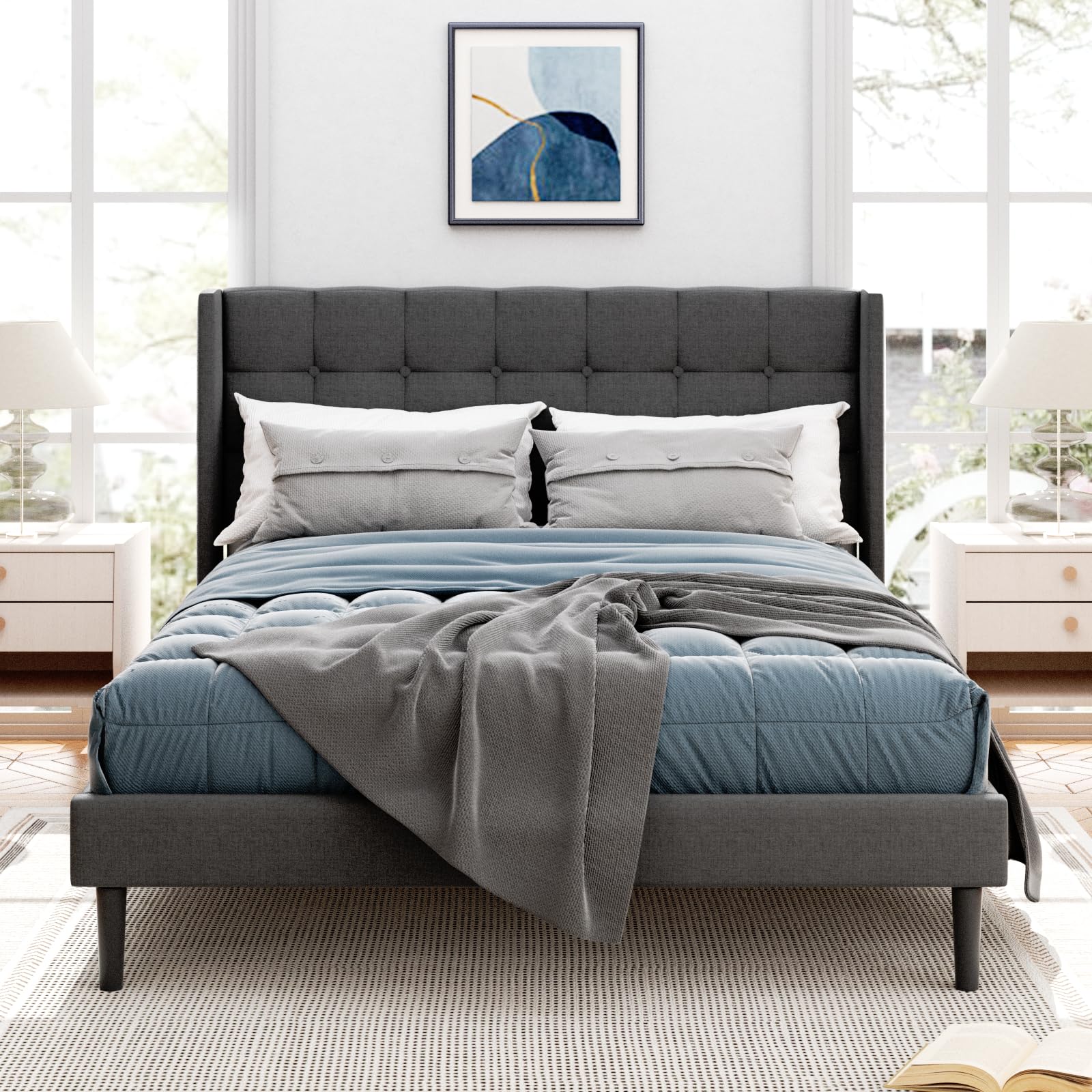 Sismplly Queen Size Bed Frame with Button Tufted Wingback Headboard, Modern Upholstered Platform Bed, Strong Wooden Slats, No Box Spring Needed, Noise-Free, Easy Assembly, Dark Grey