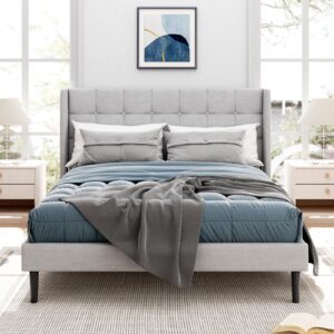 Sismplly Full Size Bed Frame with Headboard, Modern Upholstered Platform Bed Frames, Button Tufted Wingback Mattress Foundation, No Box Spring Needed, Easy Assembly, Light Grey