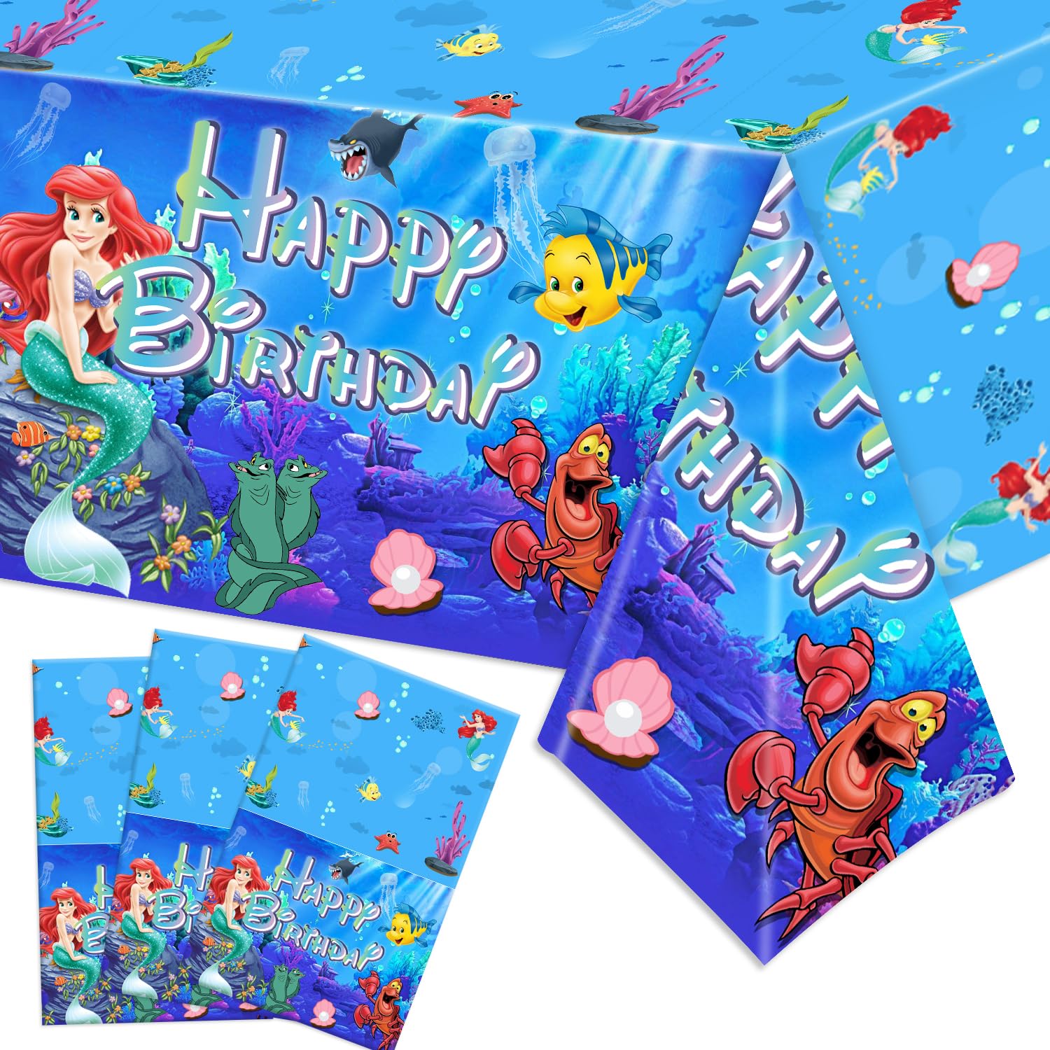 YUNKELIU 3Pcs Little Mermaid Birthday Party Tablecloths Ariel Birthday Decorations Plastic Table Cover for Girls and Boys Birthday Baby Shower Table Decorations