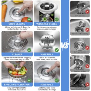 Upgraded 3 in 1 Kitchen Sink Drain Strainer - Stainless Steel Sink Stopper, Anti-Clogging Sink Food Catcher Basket, Fast Drainage Odor Filter Sink Plug for US Standard 3 1/2 inch Drain (Silver-1Pack)