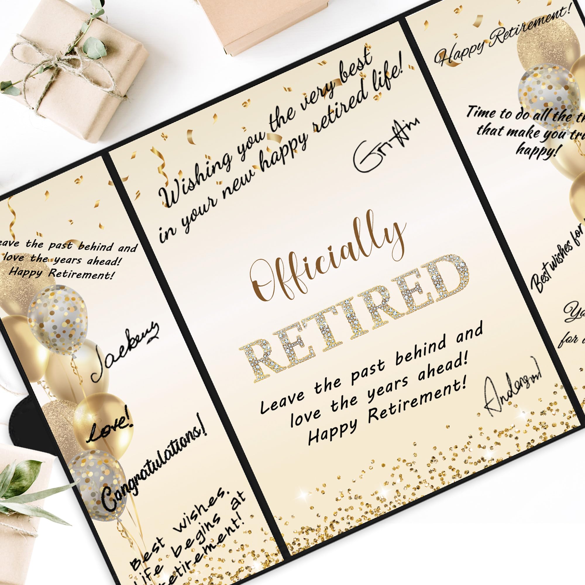 DARUNAXY Black Gold Retirement Party Decorations, Officially Retired Alternative Signature Guest Book for Men Women Happy Retirement Gifts Signing Card Board for Retirement Farewell Party Supplies