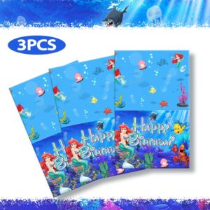 YUNKELIU 3Pcs Little Mermaid Birthday Party Tablecloths Ariel Birthday Decorations Plastic Table Cover for Girls and Boys Birthday Baby Shower Table Decorations