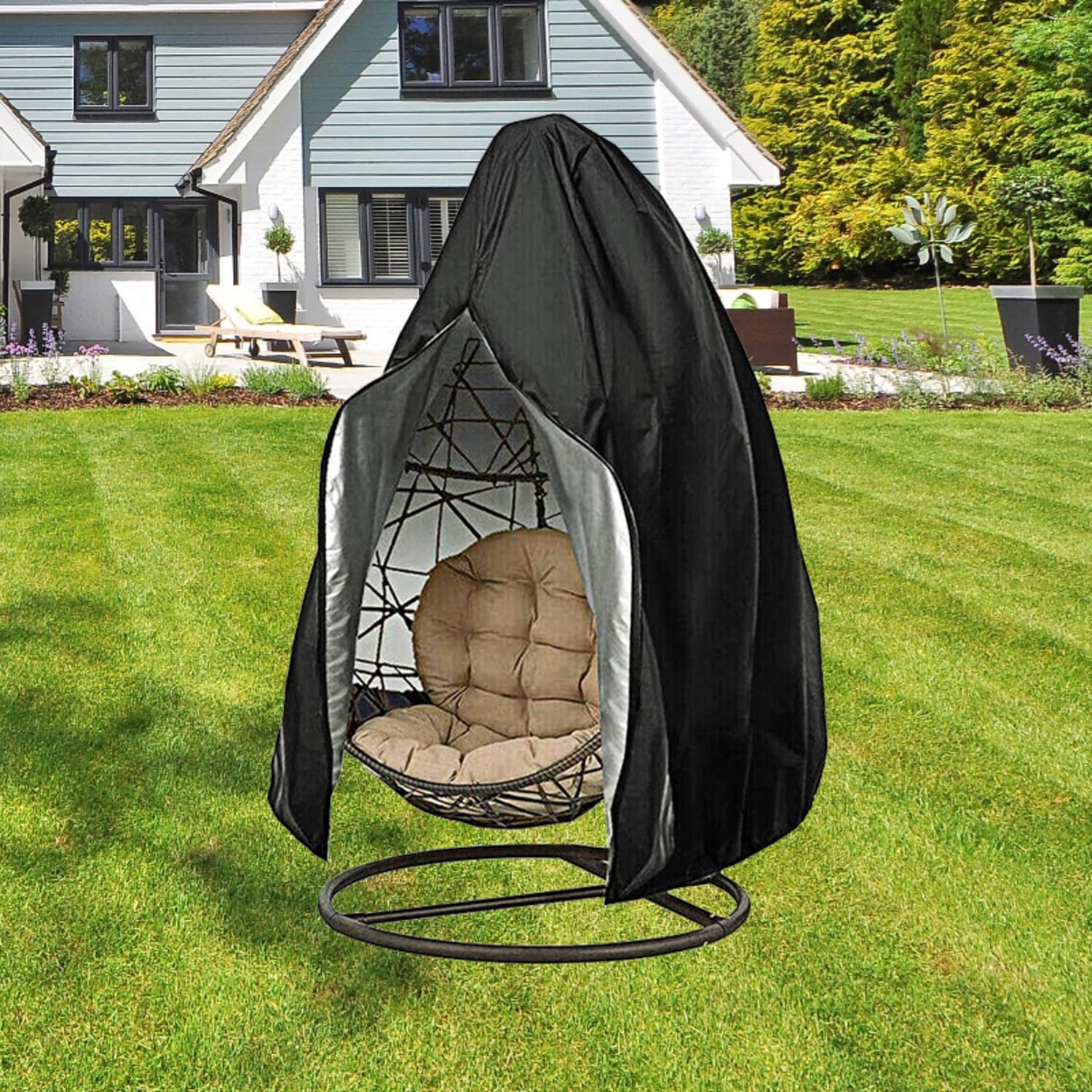 Patio Hanging Chair Cover, 420D Suspension Egg Chair Cover 91 inch for Outdoor Wicker Double Egg Swing Chair, Black Waterproof Egg Chair (Double Seat 91 x 79 inch)