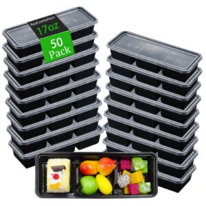 50 pack 17 oz meal prep containers with 3 compartments with lids,disposable plastic bento boxes stackable food containers snack,dessert,travel lunch boxes for office,picnic,microwave safe (50)