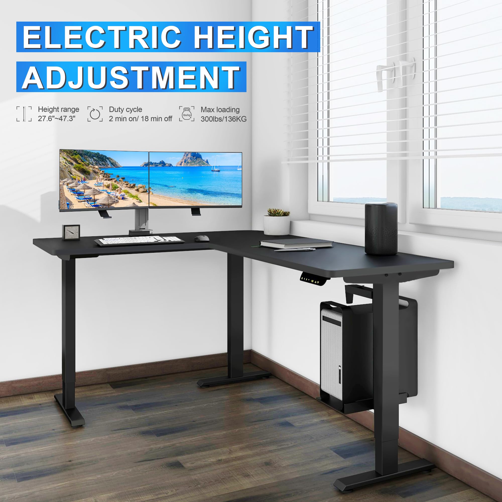 Fromann Adjustable 3 Legs Standing Desk Frame Base Electric Triple Motor L Shaped Corner Sit-Stand Desk for Home and Office (Black)