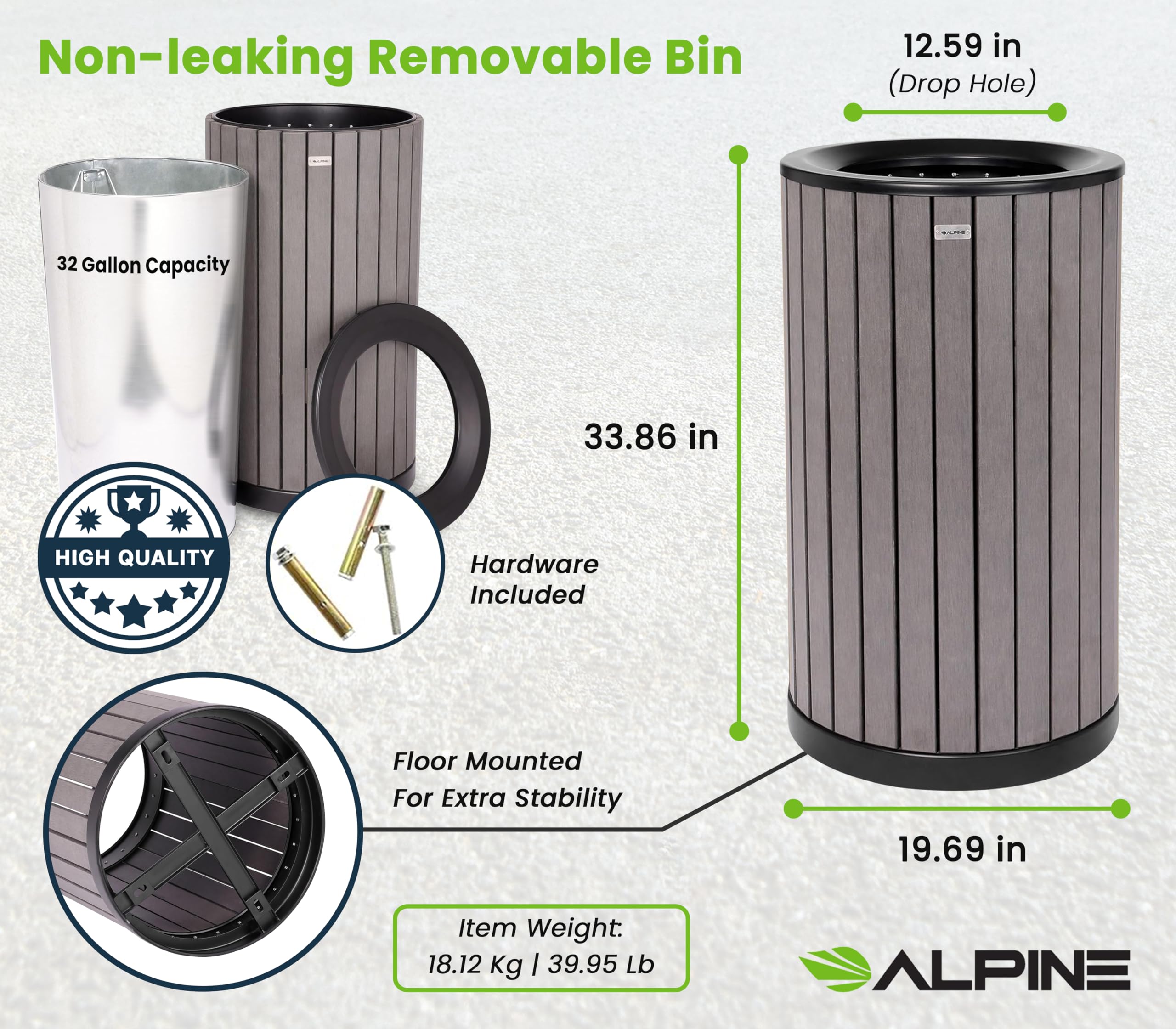 Alpine 32 Gallon Commercial Outdoor Trash Can - Heavy Duty Garbage Can Outdoor, Industrial Open Top Trash Can with Plastic Panels for Patio, Parks, Trails, Resorts (Flat Lid - Grey)