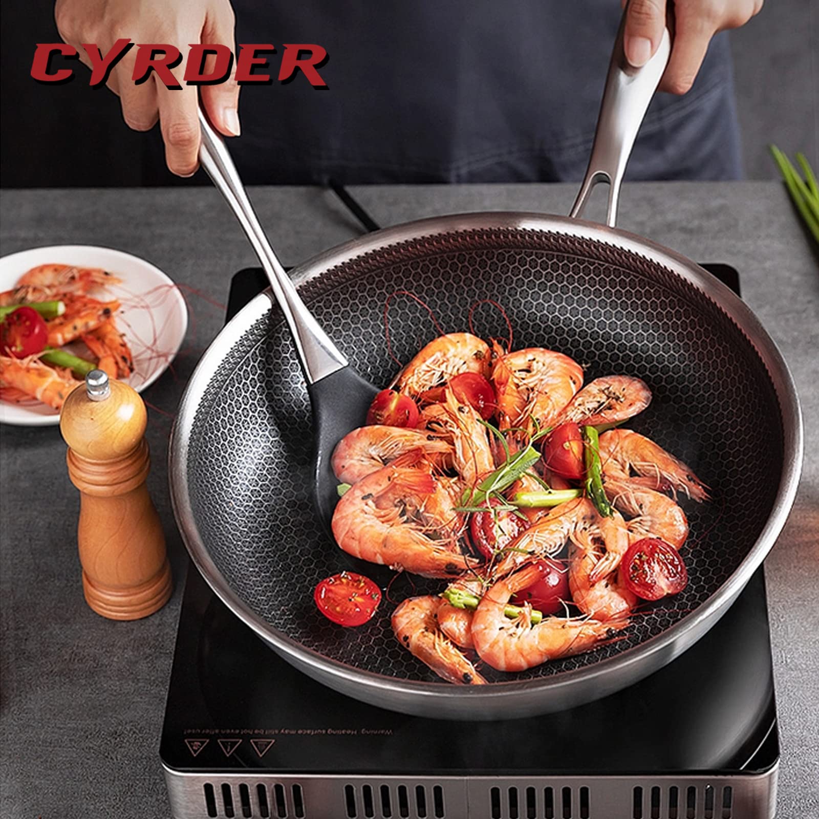 Cyrder Hybrid Nonstick 12.5Inch 316 Stainless Steel Pan, PFOA Free Wok, Dishwasher Oven Safe, Stay Cool Handle Skillet, Works with Induction Cooktop/Ceramic/Gas/Electric Stovetop