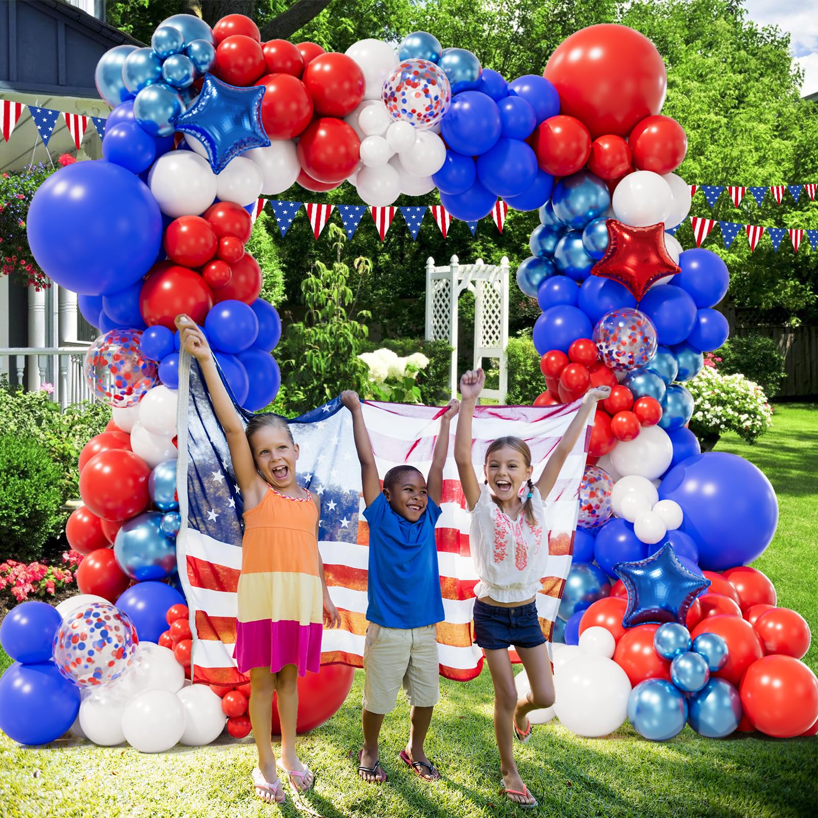 Grcypa Red White and Blue Balloons Garland Arch Kit with Confetti Star Balloons for 4th of July Balloons Graduation Veterans Memorial Day Nautical Baby Shower Birthday Baseball Game Party Decorations