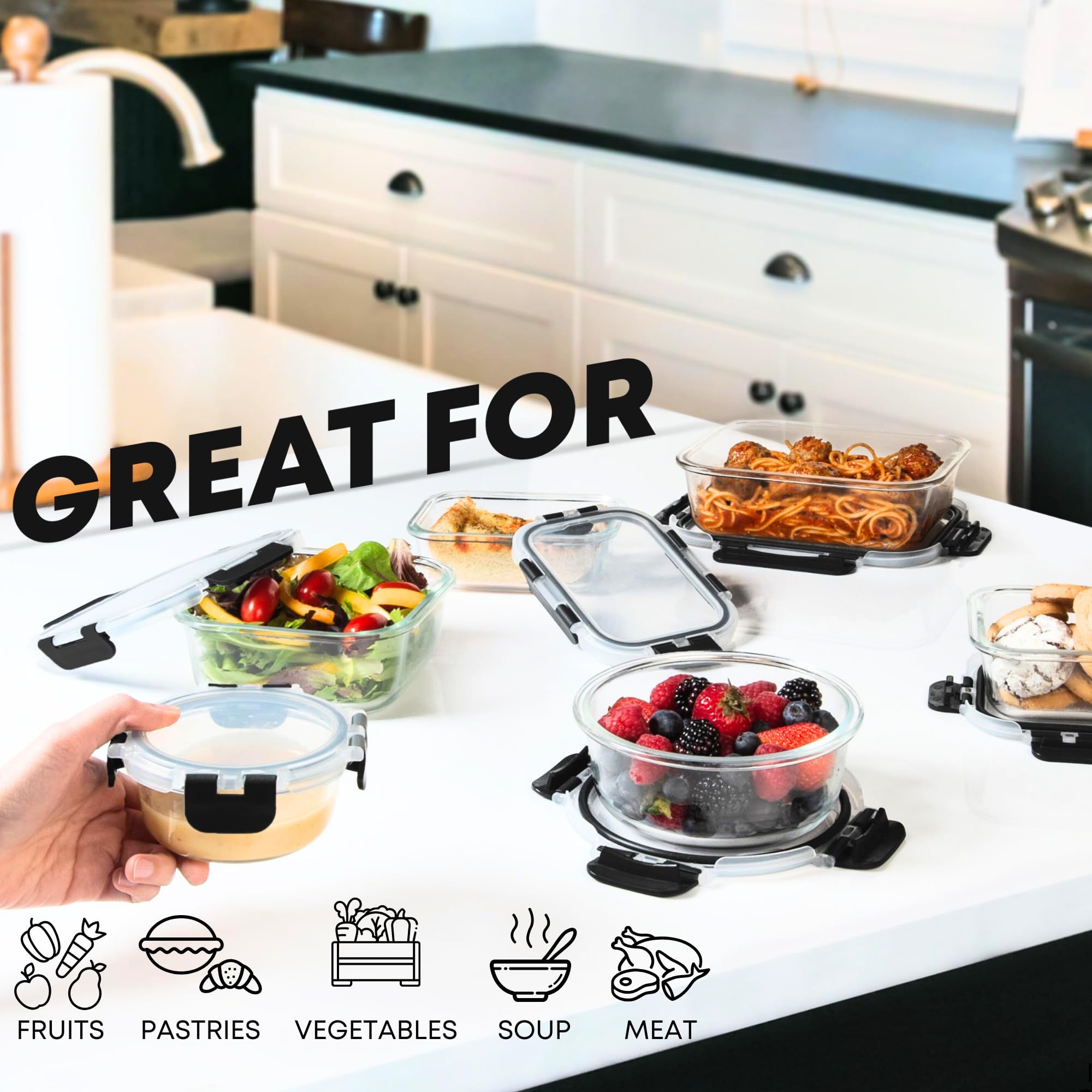 Razab 30 PC Glass Food Storage Containers with Lids - Reusable Glass Meal Prep Containers for Lunch and Leftovers - Airtight & Leakproof Snap Locking Lids - Oven, Freezer, Microwave, Dishwasher Safe