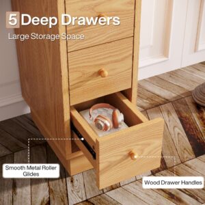 Tribesigns 5-Drawer Dresser, Wood Narrow Dresser for Bedroom, Tall Skinny Dresser Chest of Drawers, Slim Storage Drawers Organizer Lingerie Chest for Small Spaces, Bathroom, Closet, Oak