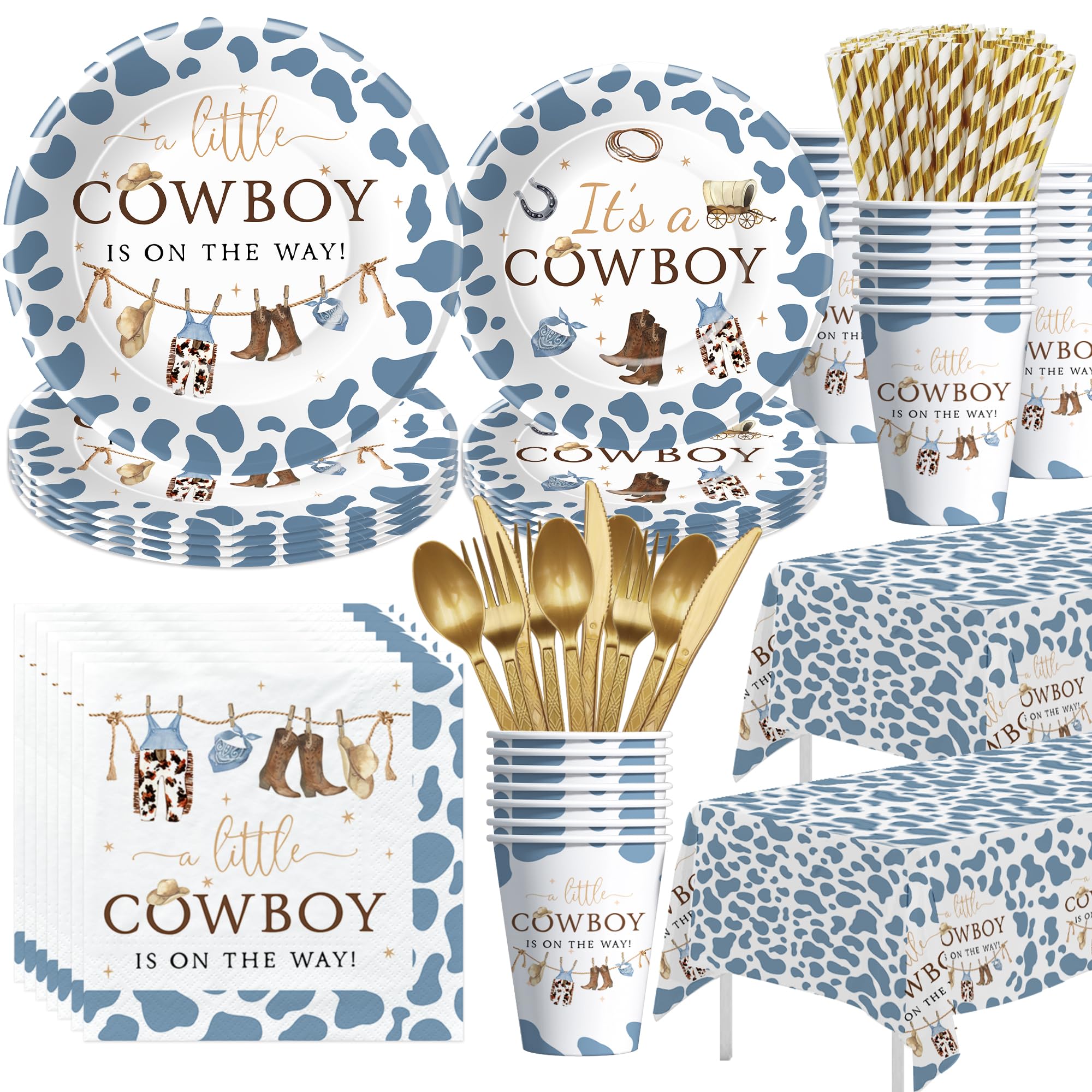 Xenorik Western Cowboy Baby Shower Decorations Tableware - Little Cowboy Baby Boy Table Decorations, Plate, Cup, Napkin, Tablecloth, Cutlery, Cowboy Wild West Rodeo Baby Shower Supplies | Serve 24