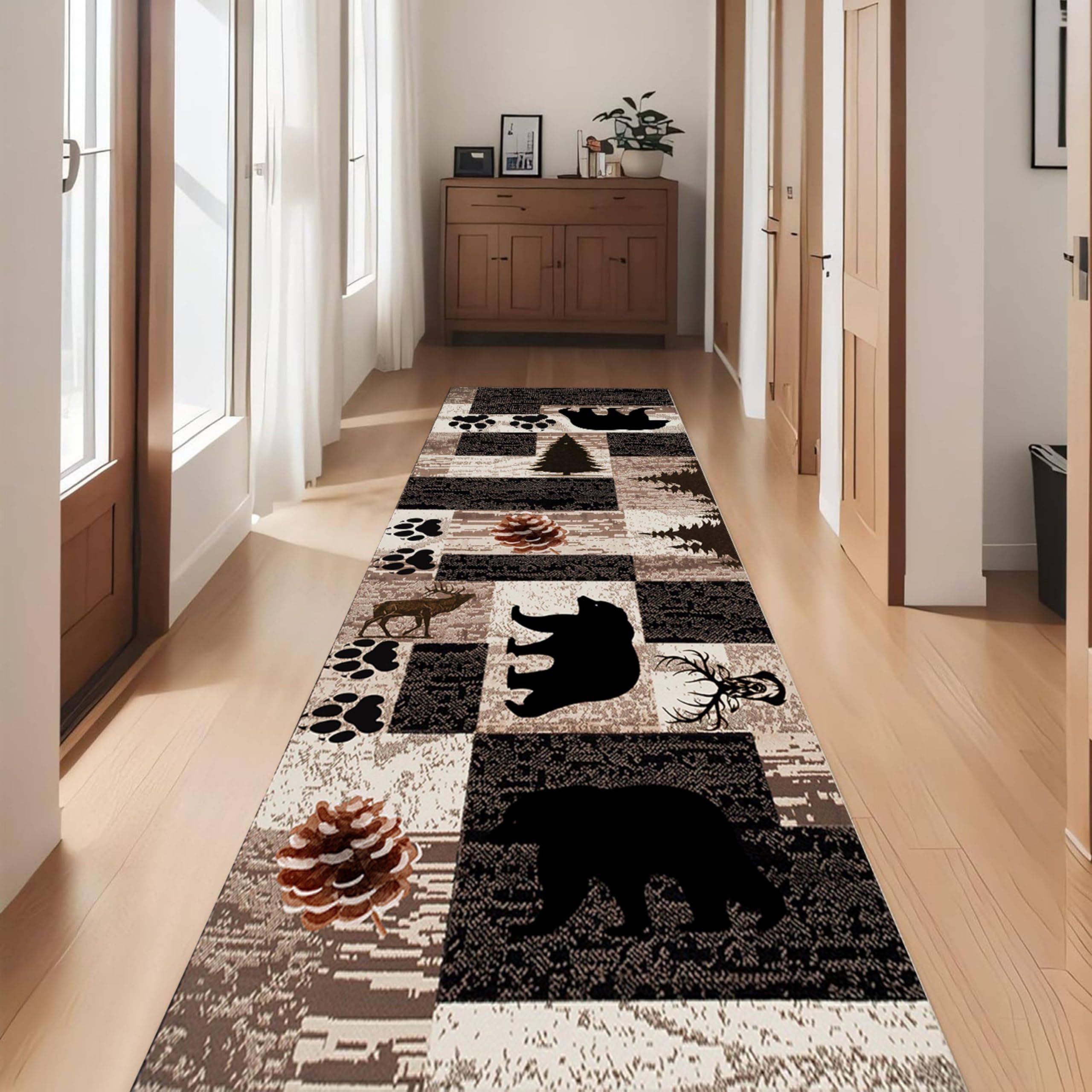 Puyosvr Rustic Lodge Runner Rug,2x7ft,Western Country Bear Elk Deer Wildlife Log Design,Forest Landscape Hunting Theme Rug,with Non Slip Backing Washable Rugs, Non Slip Pet Friendly Rug for Hallway