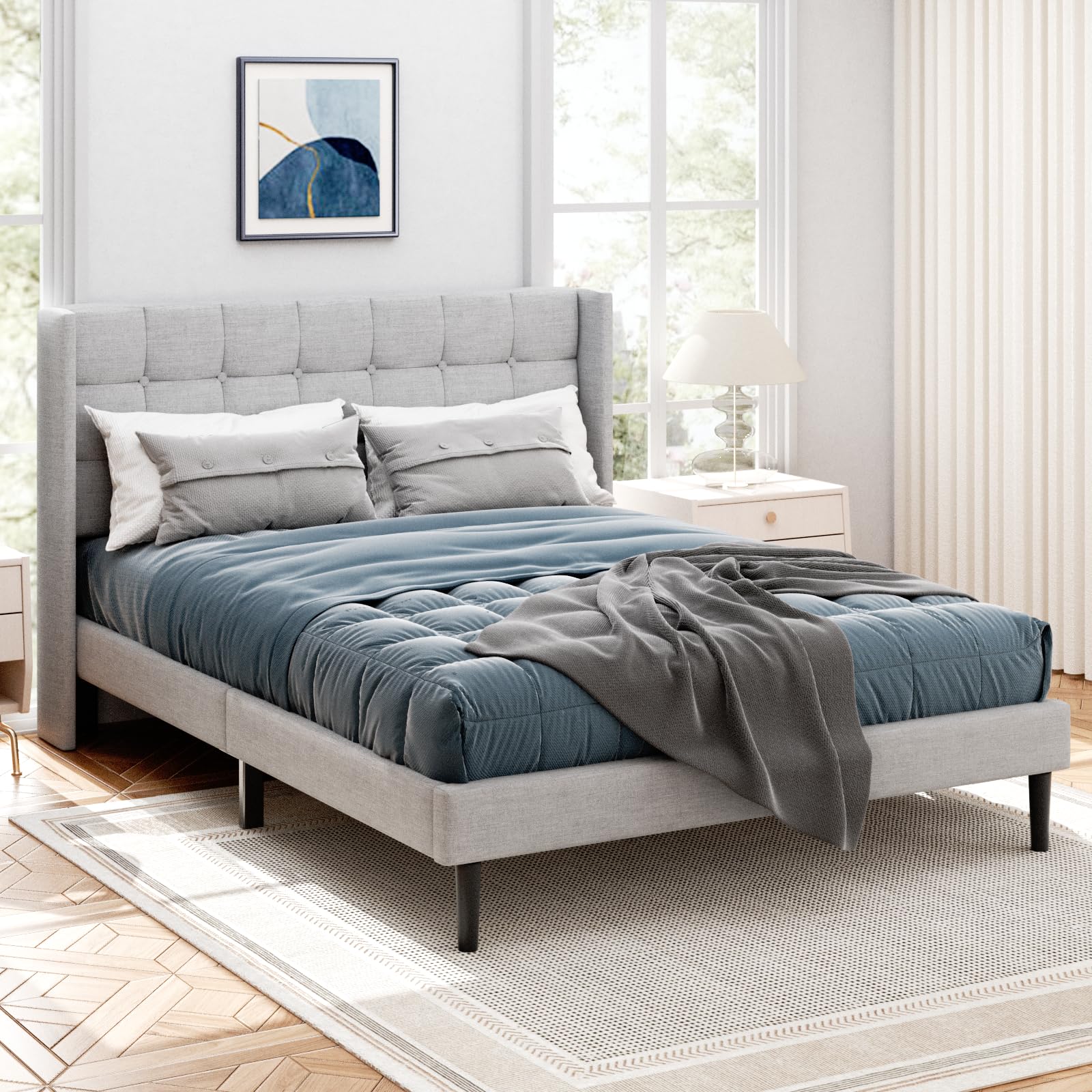 Sismplly Full Size Bed Frame with Headboard, Modern Upholstered Platform Bed Frames, Button Tufted Wingback Mattress Foundation, No Box Spring Needed, Easy Assembly, Light Grey