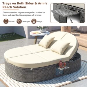 BAMOOLI Patio Daybed, Outdoor Sun Bed with Adjustable Backrests and Foldable Cup Trays, Reclining Outdoor Lounger Wicker Rattan Patio Daybed with Cushions and Pillows, Round Daybed for Garden, Beige