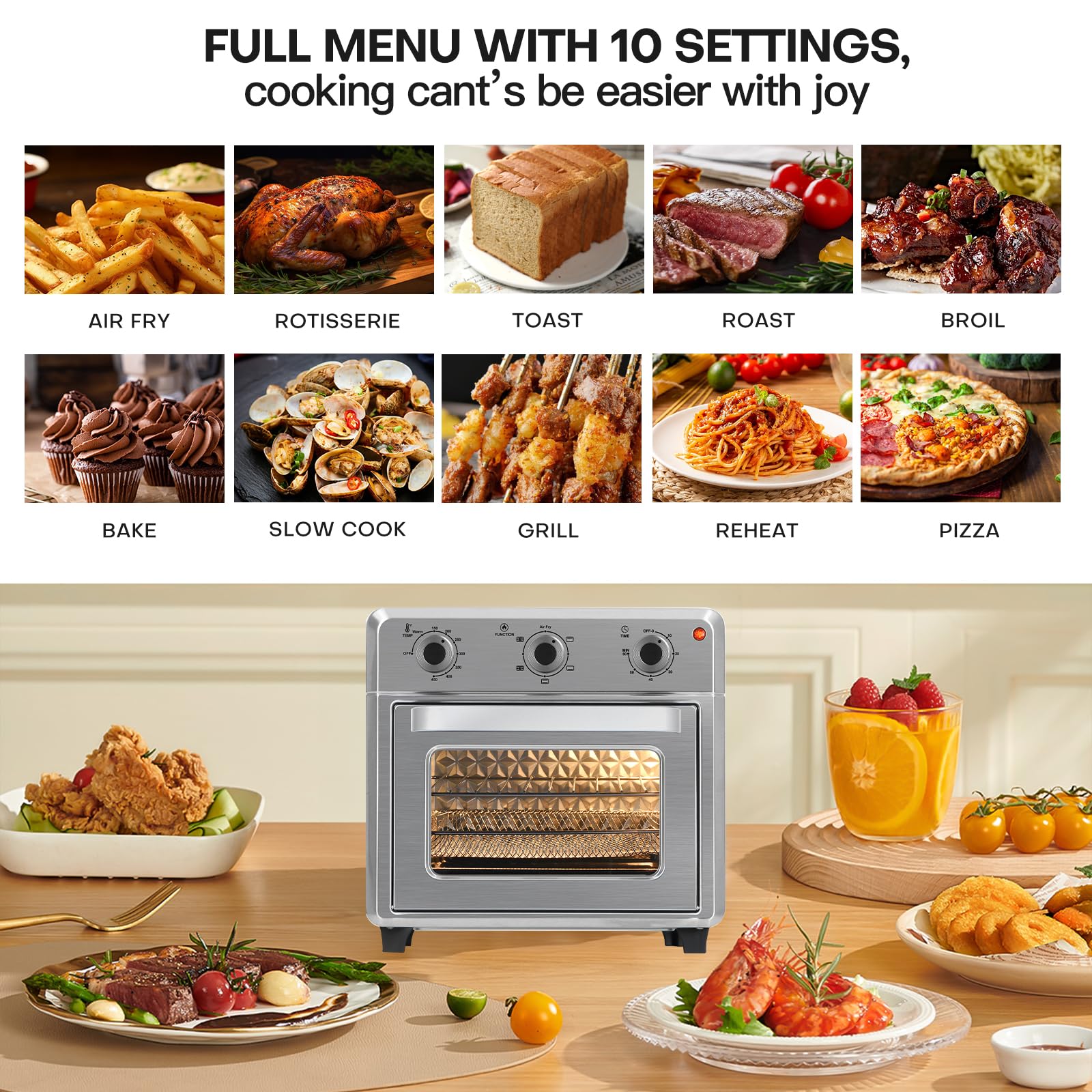 Panana Compact Airfryer Toaster Oven, 1400W 21QT with 6-in-1 Multifunctions and Wide Temperature Range, Air Fryer Oven with 60-Minute Timer/Auto-Off, Stainless Steel Countertop Oven (Silver)