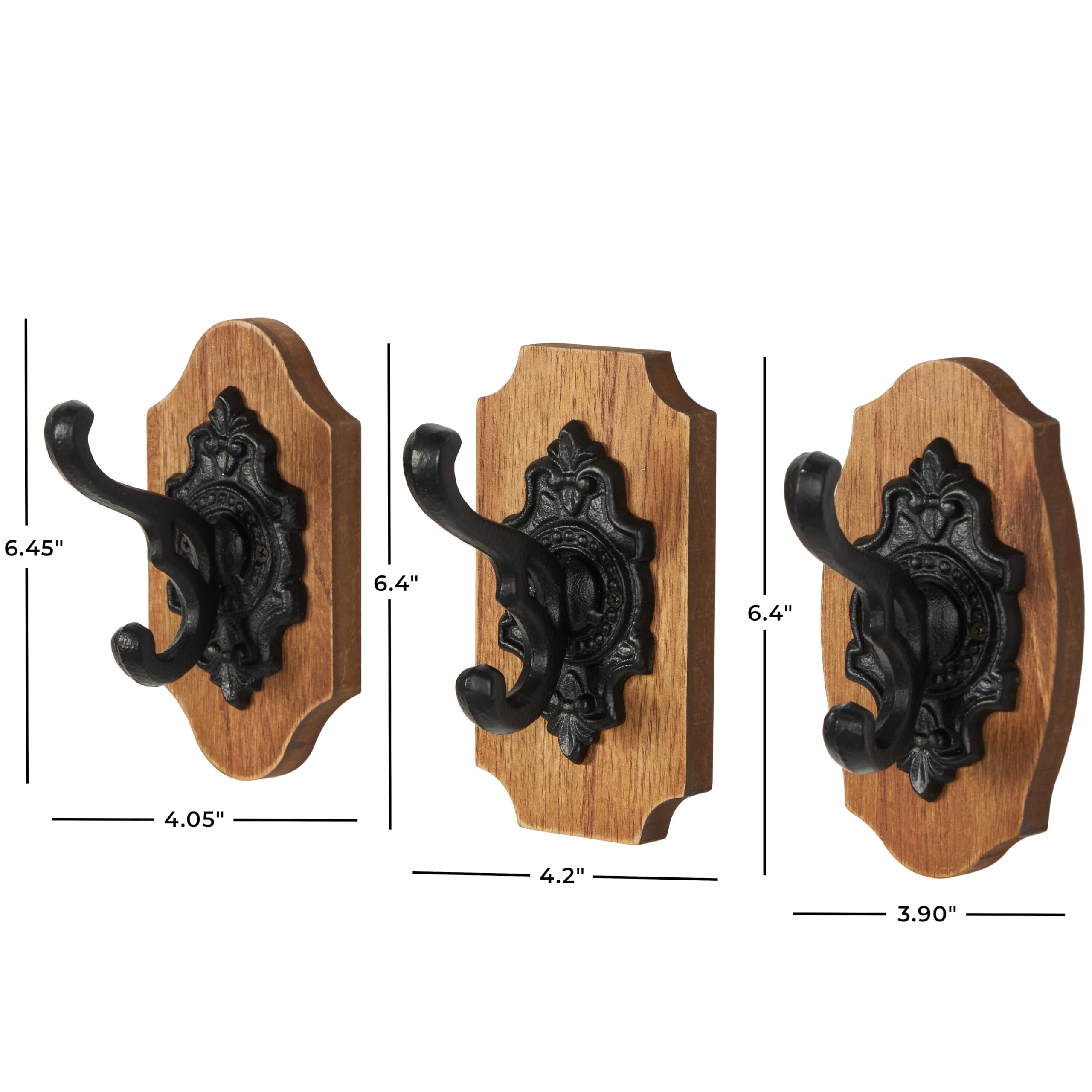 Deco 79 Wooden Fleur De Lis Vintage Inspired Wall Hook with Black Metal Hooks and Curved Edges, Set of 3 4" W, 6" H, Brown