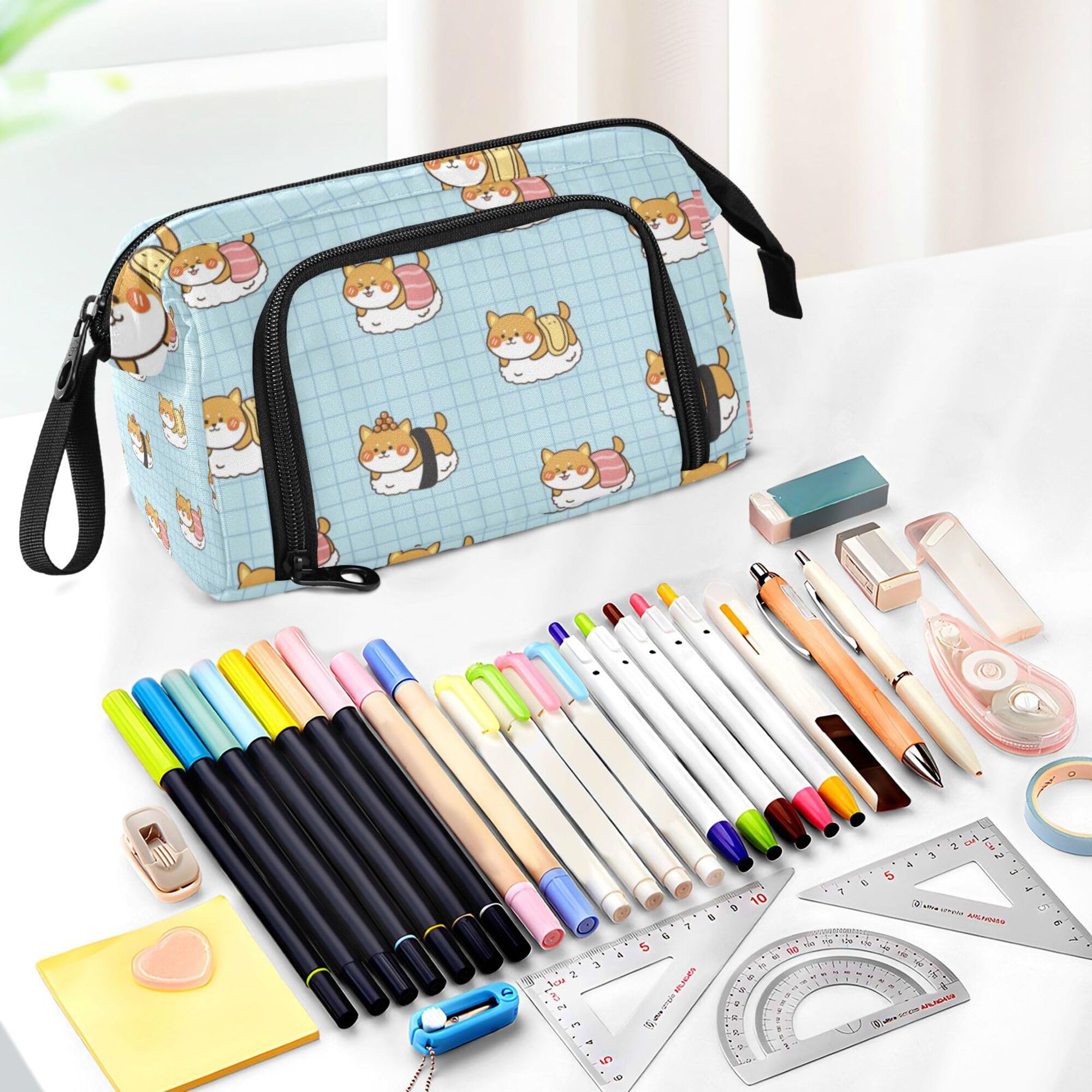 Glaphy Shiba Inu Dogs and Sushi Pencil Case Large Capacity Pencil Pouch Bag Zipper Storage Stationery Bag for School Office College