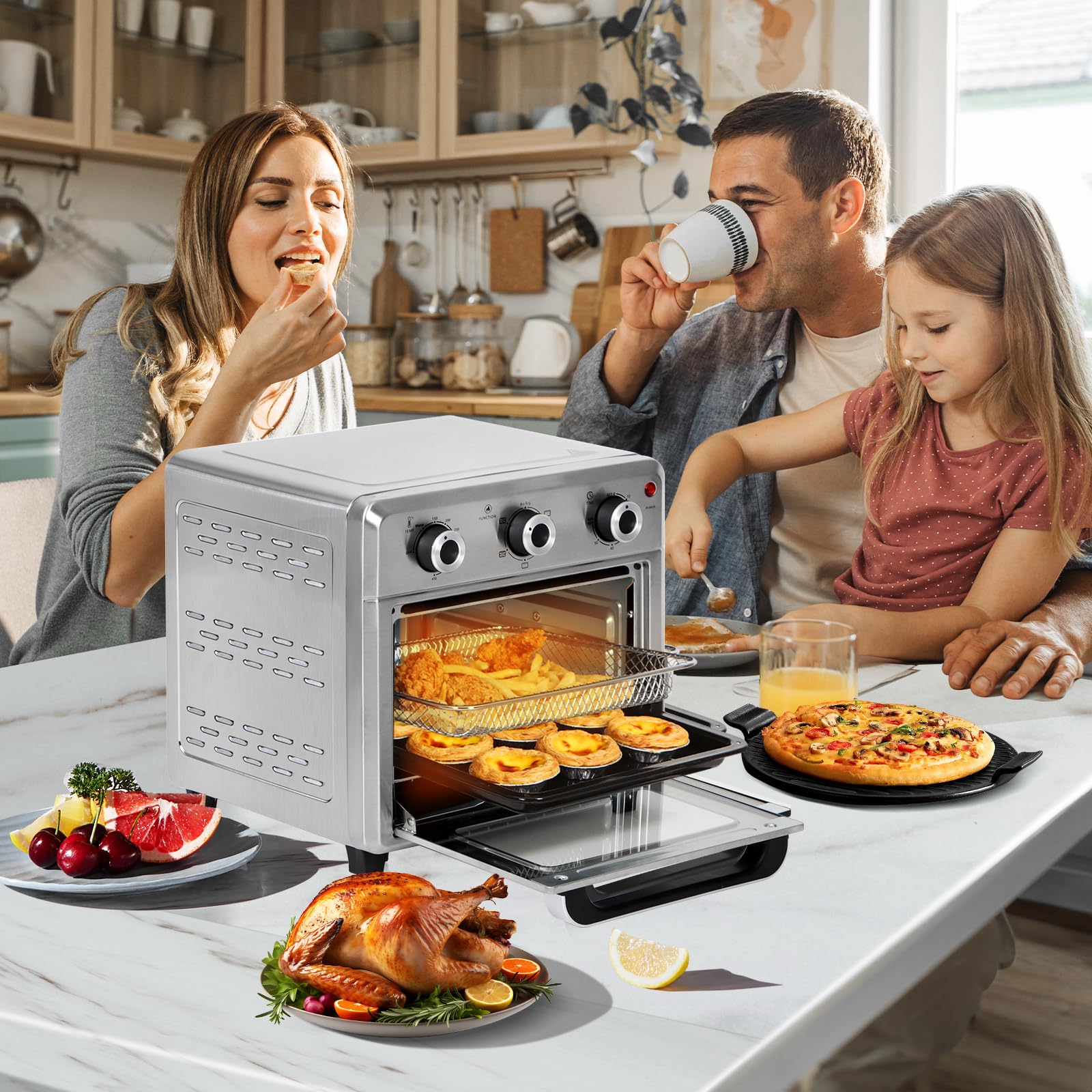 Panana Compact Airfryer Toaster Oven, 1400W 21QT with 6-in-1 Multifunctions and Wide Temperature Range, Air Fryer Oven with 60-Minute Timer/Auto-Off, Stainless Steel Countertop Oven (Silver)