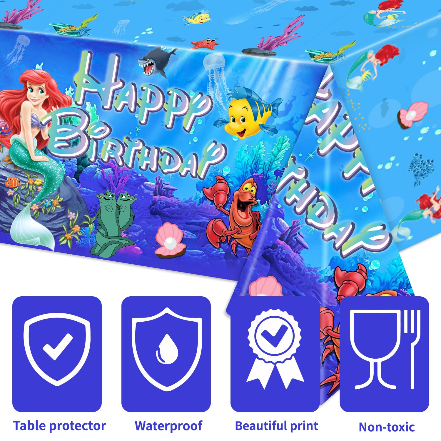 YUNKELIU 3Pcs Little Mermaid Birthday Party Tablecloths Ariel Birthday Decorations Plastic Table Cover for Girls and Boys Birthday Baby Shower Table Decorations