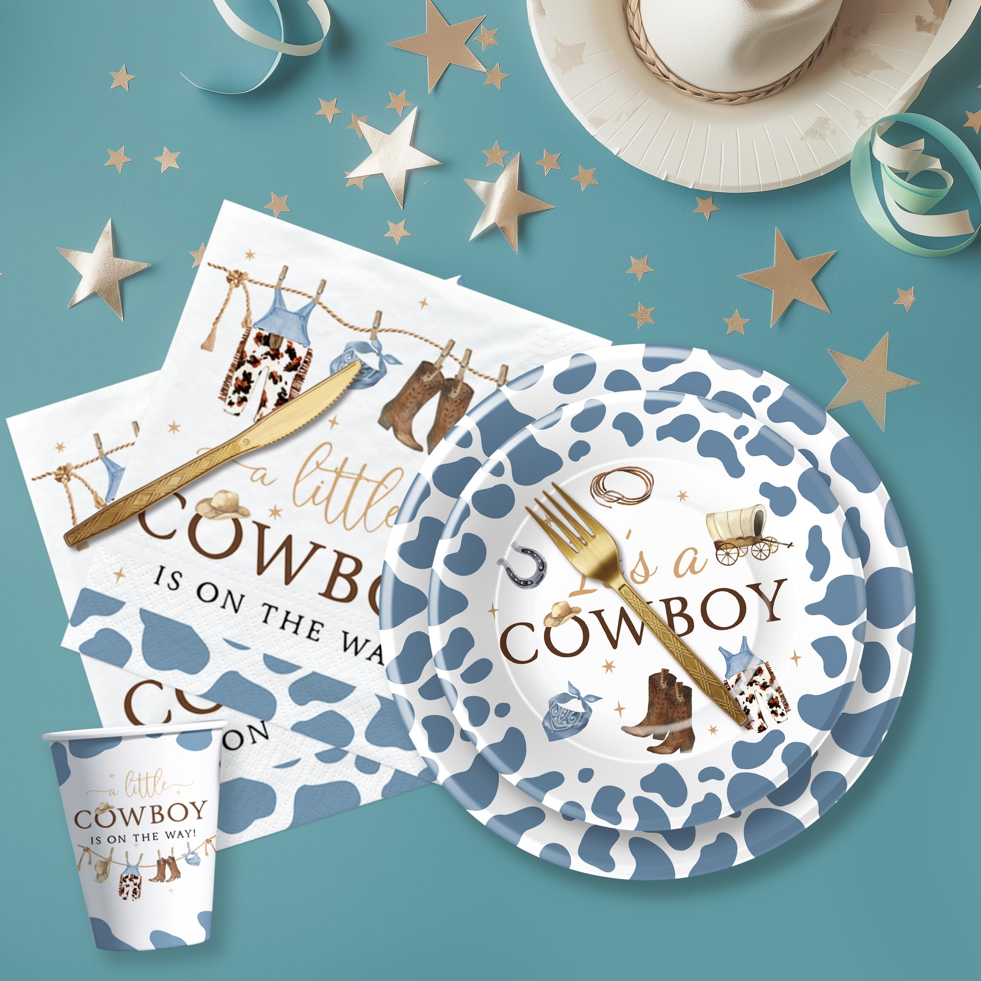 Xenorik Western Cowboy Baby Shower Decorations Tableware - Little Cowboy Baby Boy Table Decorations, Plate, Cup, Napkin, Tablecloth, Cutlery, Cowboy Wild West Rodeo Baby Shower Supplies | Serve 24