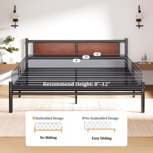 Sismplly King Size Bed Frame with Wooden Headboard, Heavy Duty Platform Bed with 12 inches Under Bed Storage, Black Metal Support System, No Box Spring Needed, Mahogany