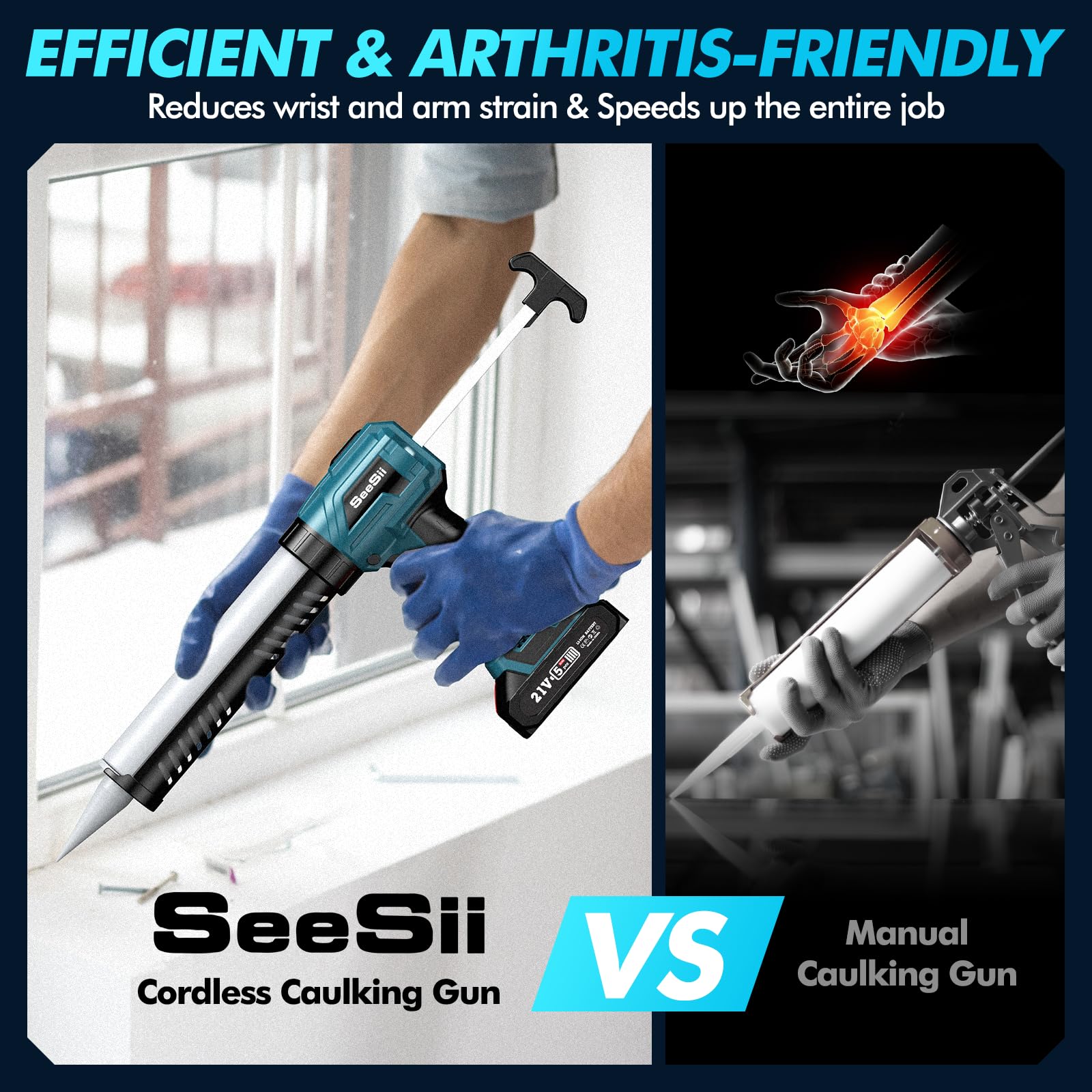 Seesii Cordless Caulking Gun, 20V 4 Adjustable Speed Electric Caulk Gun & Adhesive Gun Kit w/ 2000mAh Rechargeable Battery & Charger, 10oz/300ml Battery Caulk Gun for Filling, Sealing,Labor Saving