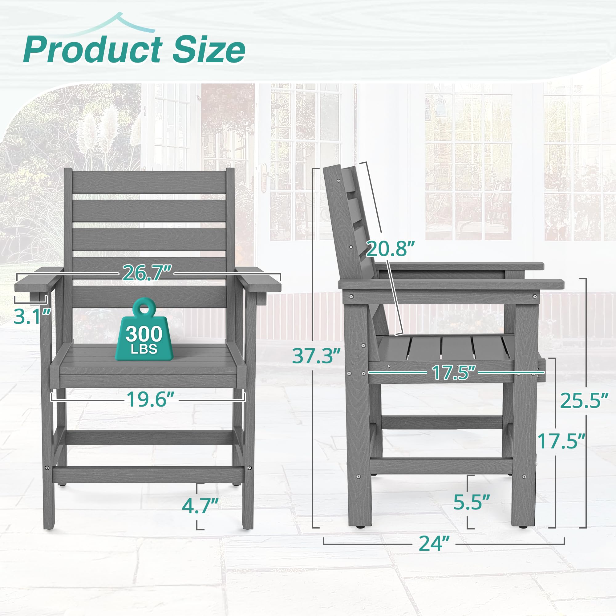 Homenjoy Outdoor Dining Chair, HDPE Weather Patio Dining Chairs, Heavy Duty Outdoor Chairs with Armrest, 18 Inch Seat Height Balcony Chair for Backyard Deck Porch, Gray