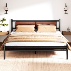 Sismplly King Size Bed Frame with Wooden Headboard, Heavy Duty Platform Bed with 12 inches Under Bed Storage, Black Metal Support System, No Box Spring Needed, Mahogany