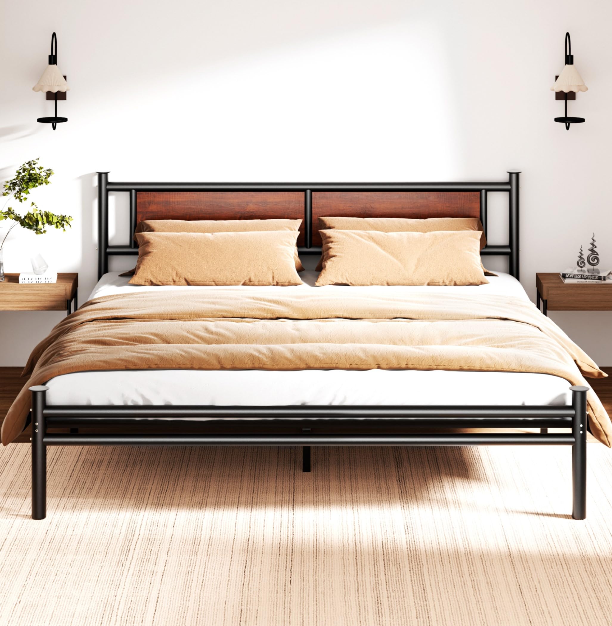 Sismplly King Size Bed Frame with Wooden Headboard, Heavy Duty Platform Bed with 12 inches Under Bed Storage, Black Metal Support System, No Box Spring Needed, Mahogany