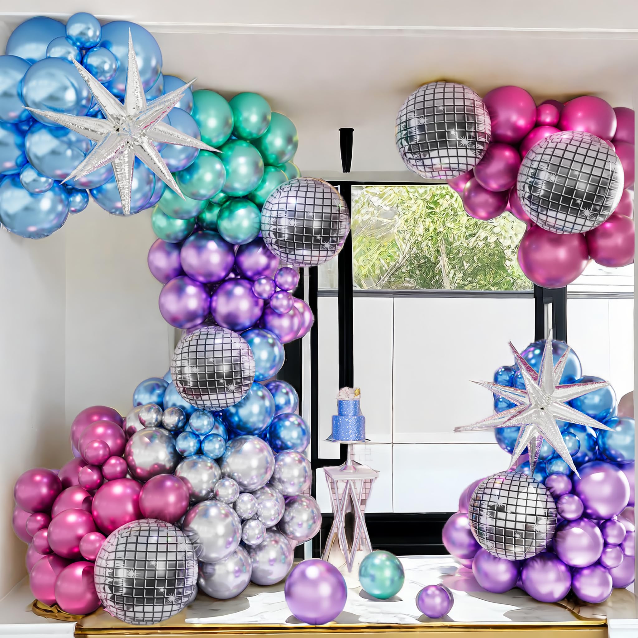 WOZOZOW 161PCS Metallic Neon Balloons Arch Kit, Disco Ball Balloons, Metallic Purple Blue Magenta Hot Pink Silver Green Chrome Disco Balloons Arch for Birthday 70s 80s 90s Theme Disco Party