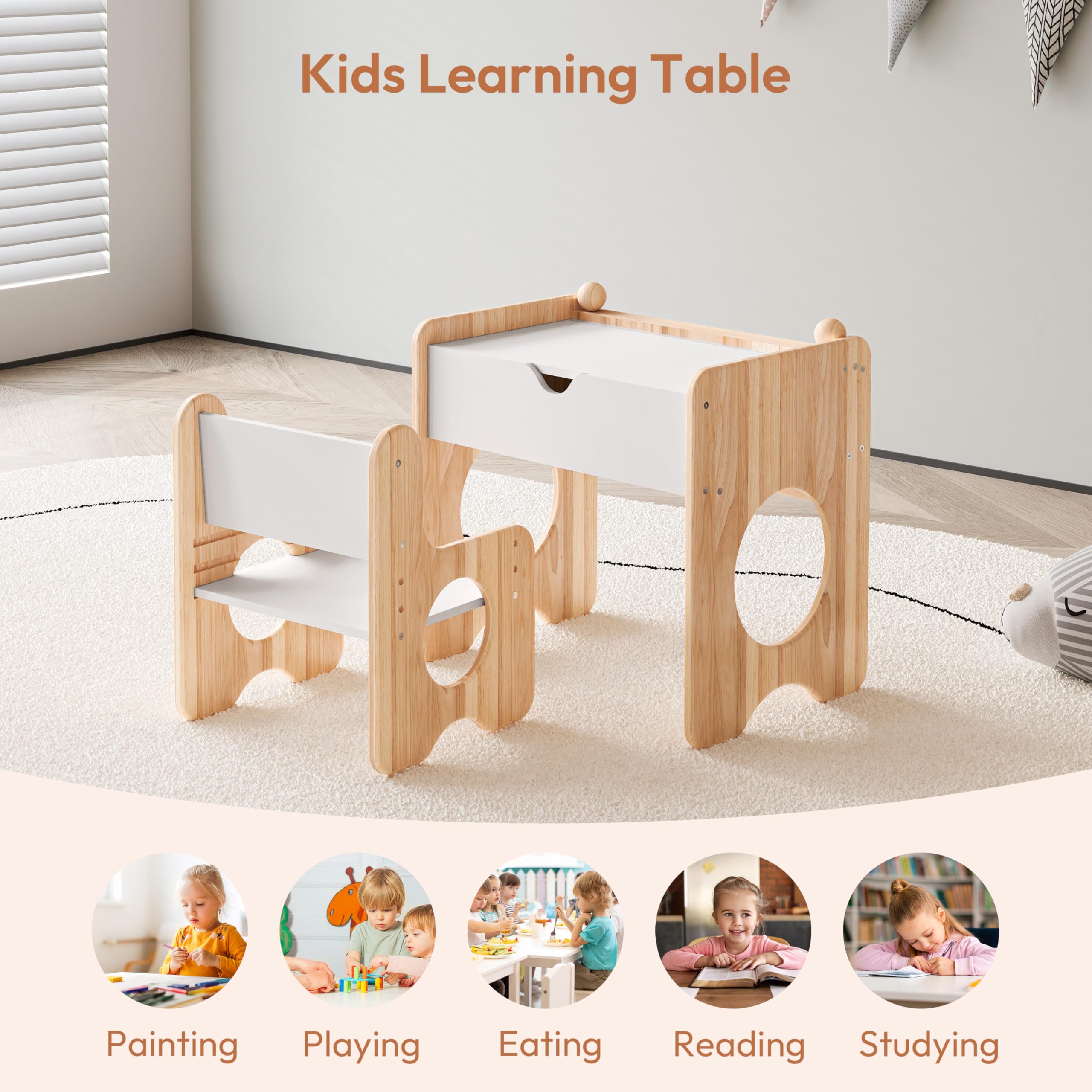 Woodtoe Kids Table and Chair Set with Storage & Chalkboard, Height Adjustable Toddler Chair, Montessori Art Table and Chair Set, Natural Wooden Activity Table, Drawing Dinner Desk for Baby Toddlers 1+