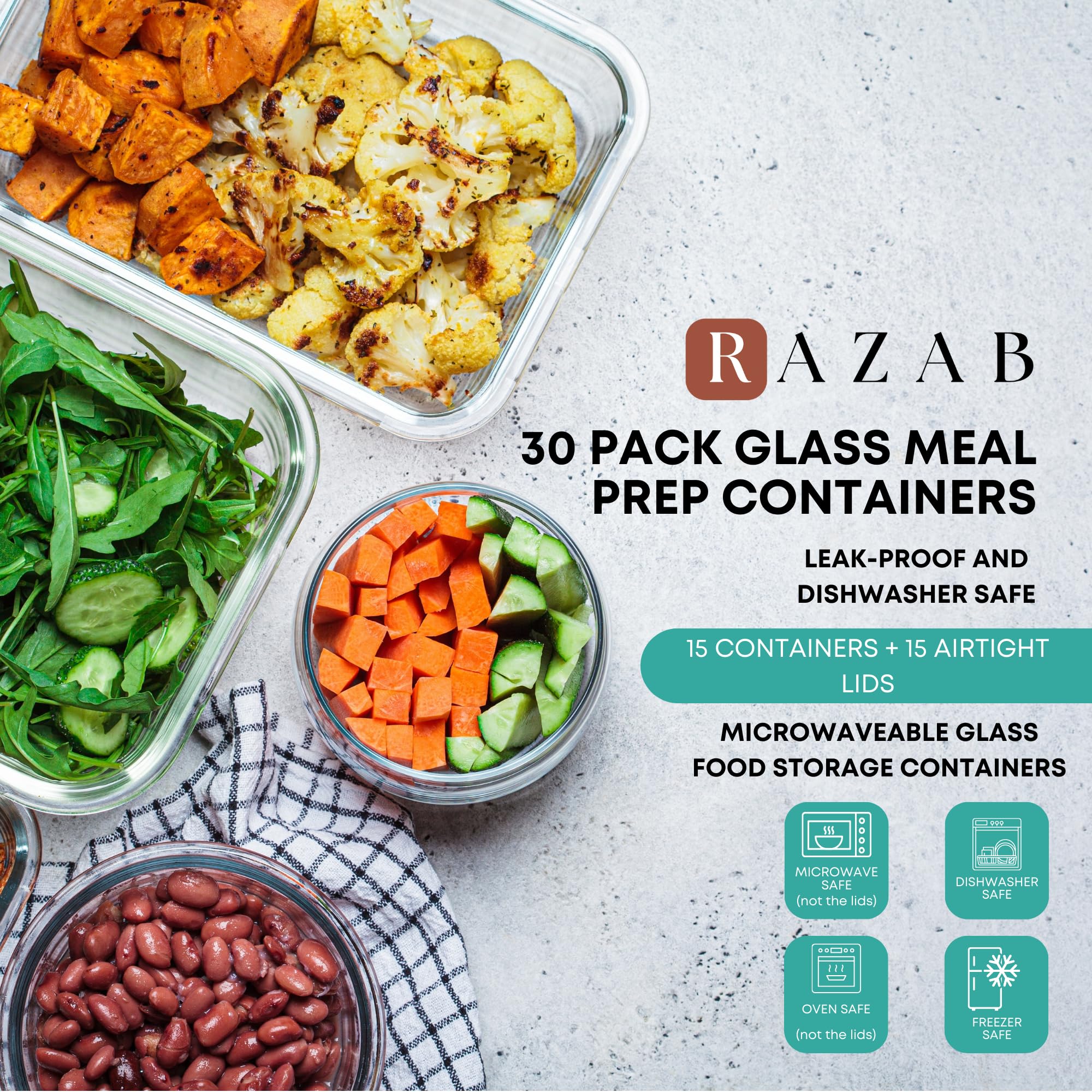 Razab 30 PC Glass Food Storage Containers with Lids - Reusable Glass Meal Prep Containers for Lunch and Leftovers - Airtight & Leakproof Snap Locking Lids - Oven, Freezer, Microwave, Dishwasher Safe