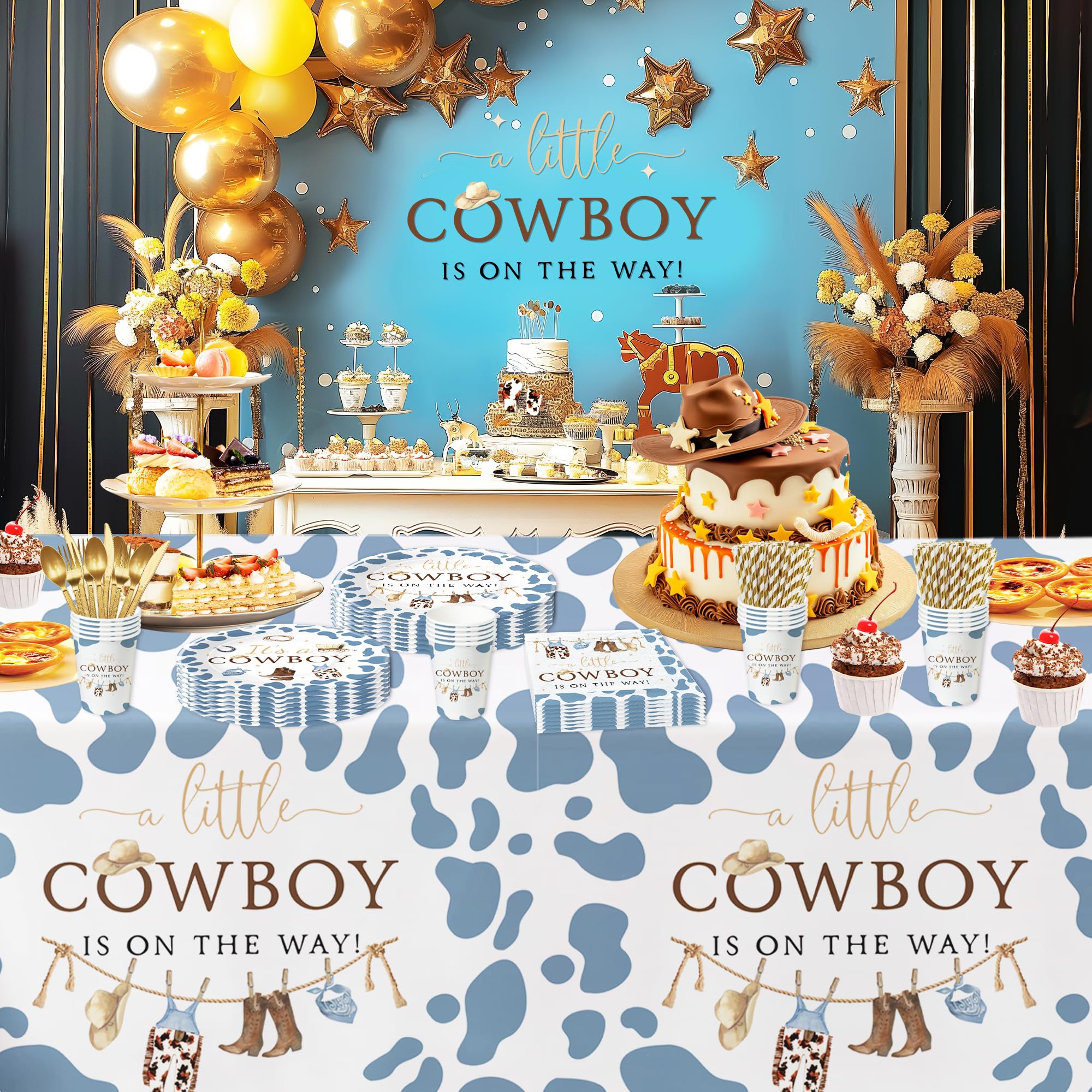 Xenorik Western Cowboy Baby Shower Decorations Tableware - Little Cowboy Baby Boy Table Decorations, Plate, Cup, Napkin, Tablecloth, Cutlery, Cowboy Wild West Rodeo Baby Shower Supplies | Serve 24