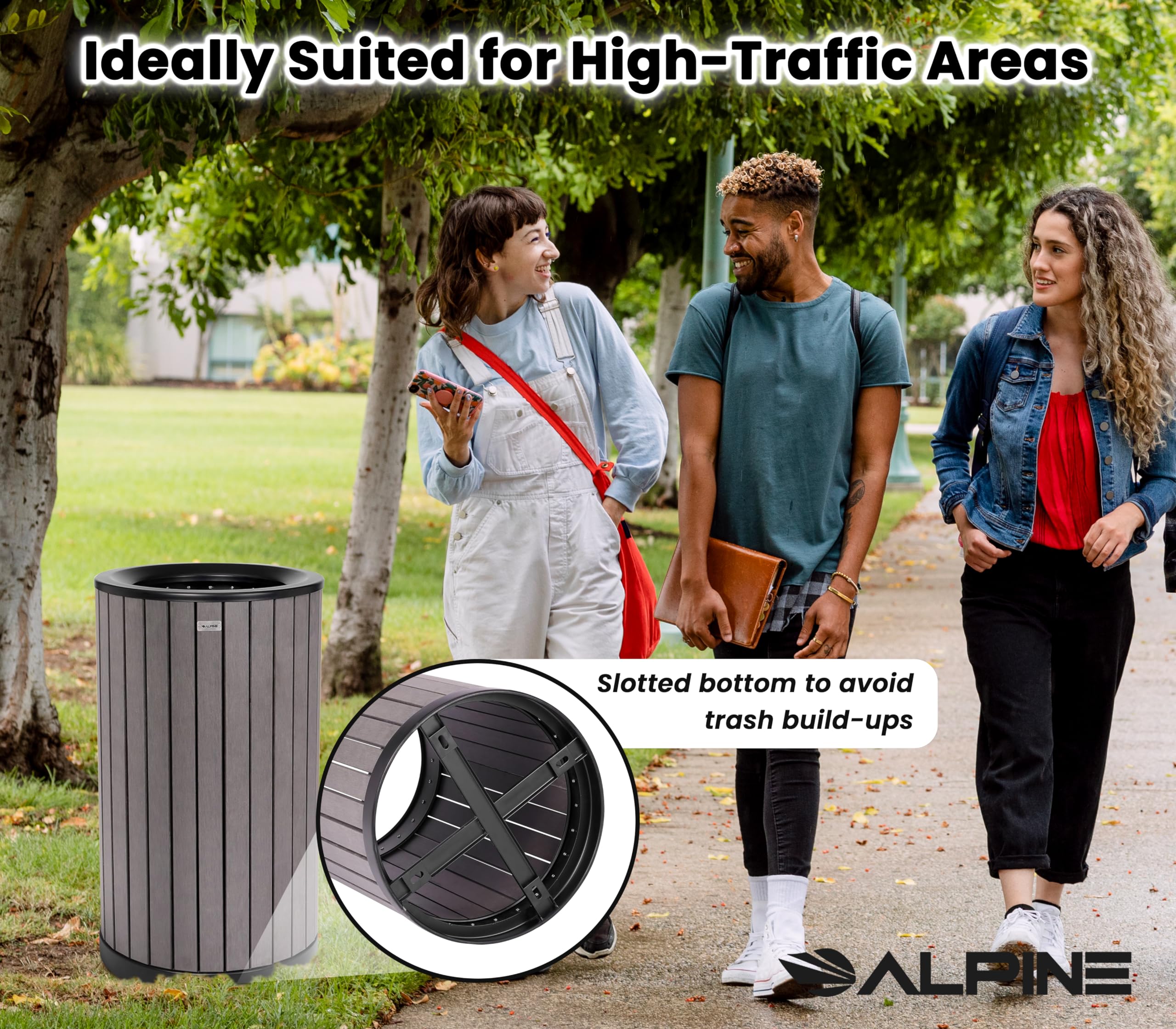 Alpine 32 Gallon Commercial Outdoor Trash Can - Heavy Duty Garbage Can Outdoor, Industrial Open Top Trash Can with Plastic Panels for Patio, Parks, Trails, Resorts (Flat Lid - Grey)