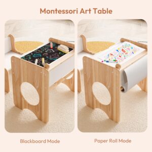 Woodtoe Kids Table and Chair Set with Storage & Chalkboard, Height Adjustable Toddler Chair, Montessori Art Table and Chair Set, Natural Wooden Activity Table, Drawing Dinner Desk for Baby Toddlers 1+