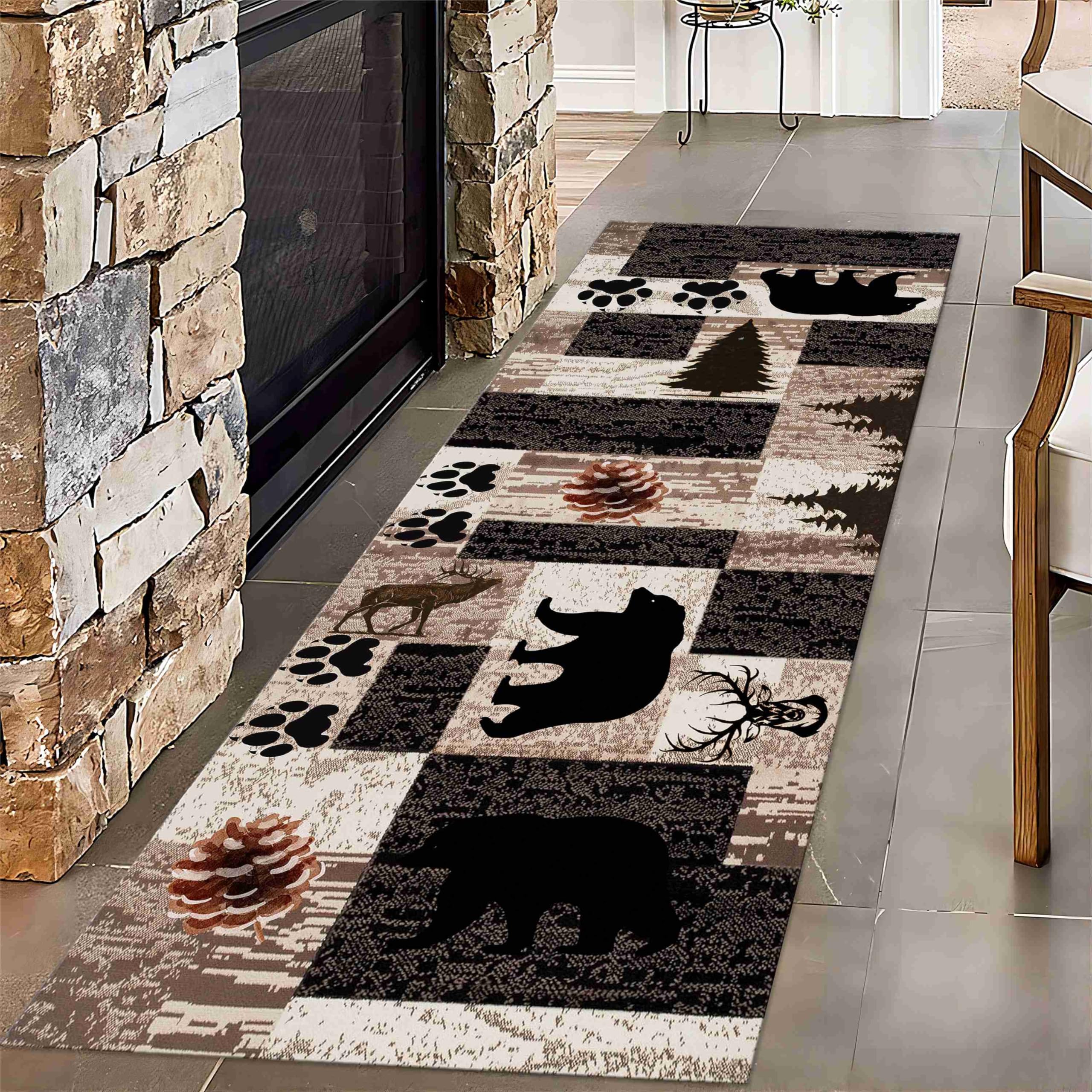 Puyosvr Rustic Lodge Runner Rug,2x7ft,Western Country Bear Elk Deer Wildlife Log Design,Forest Landscape Hunting Theme Rug,with Non Slip Backing Washable Rugs, Non Slip Pet Friendly Rug for Hallway