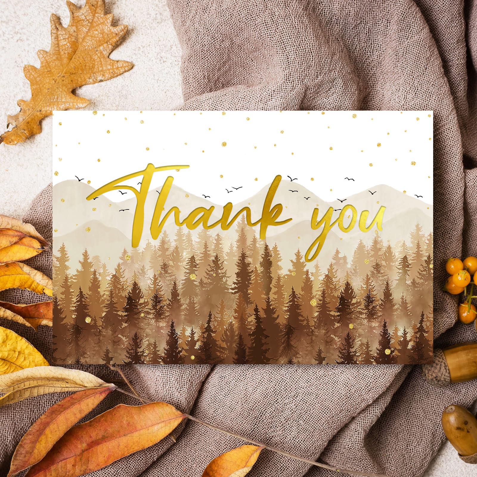 Whaline 50 Packs Fall Forest Gold Foil Thank You Cards Autumn Nature Greeting Cards Blank Note Cards with Envelopes and Stickers for Thanksgiving Wedding Birthday Party, 4 x 6 Inch