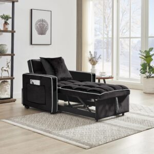 wrofly 3 in 1 single convertible sleeper sofa chair, 35.4" pull out sofa bed with adjustable backrest, modern chaise lounge with storage and pillow for living room, small spaces, black velvet