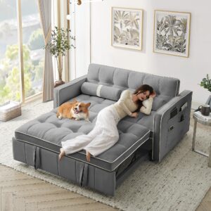 augop 3 in 1 convertible sleeper couch bed,modern pullout couch pull out bed,adjustable backrest,two cylindrical pillows,multi-pockets,loveseat futon sofa for living room furniture (grey, style a)