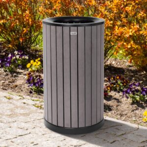 Alpine 32 Gallon Commercial Outdoor Trash Can - Heavy Duty Garbage Can Outdoor, Industrial Open Top Trash Can with Plastic Panels for Patio, Parks, Trails, Resorts (Flat Lid - Grey)